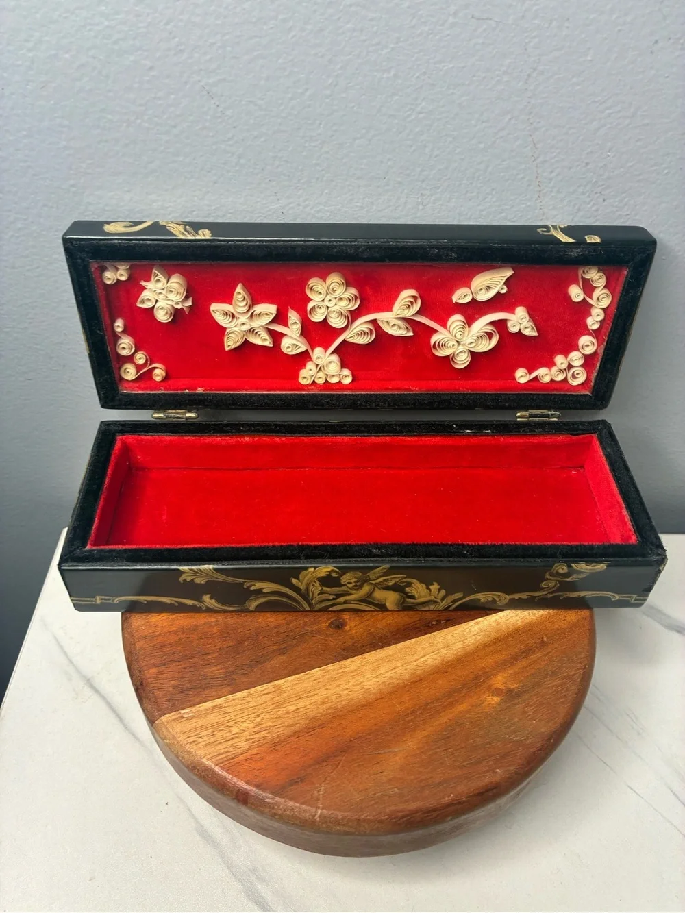 Signed 1972 Paula Geoffroy Lacquer Jewelry Box with Abalone Inlay